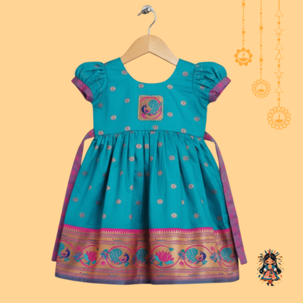 Girl's Firozi Paithani Frock with Peacock Border and Puff Sleeves | KanyaKala