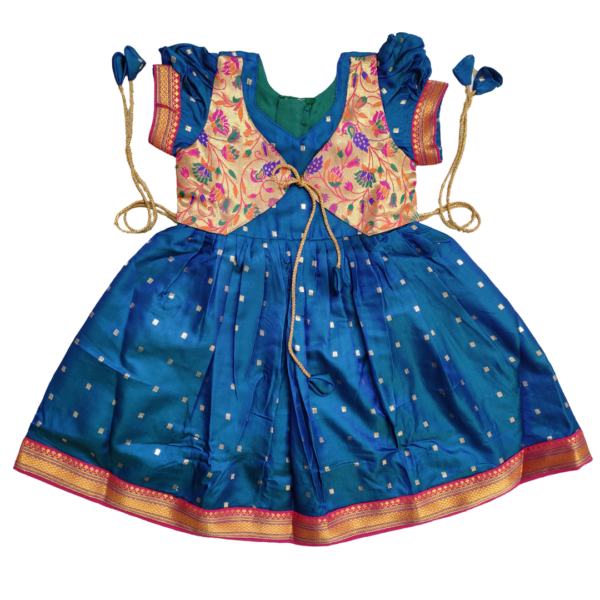 KanyaKala Premium Dual Tone Silk Frock with Paithani Peacock Jacket | Blue | Traditional Indian Wear for Girls