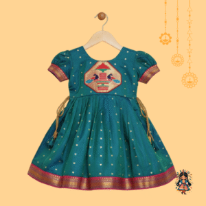 Dual Tone Green Silk Frock for Girls with Paithani Peacock Patch