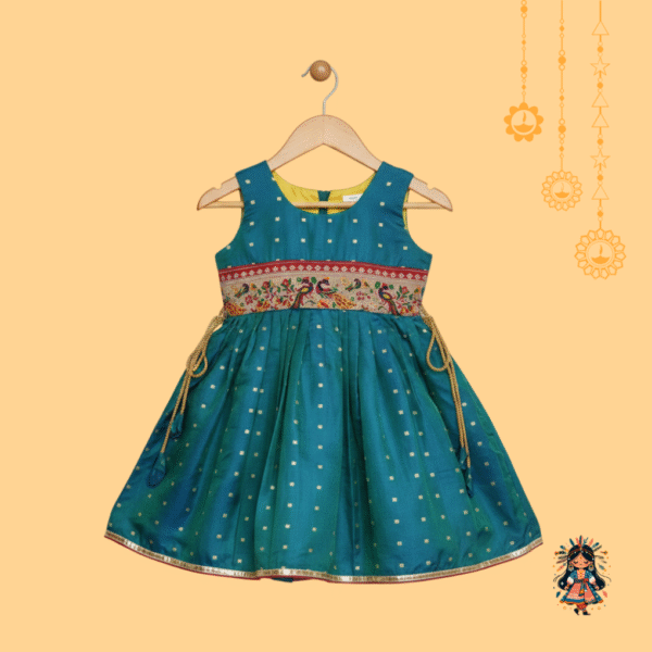 KanyaKala's Premium Dual Tone Silk Frock with Paithani Peacock Lace | Sleeveless | Green | Traditional Indian Wear for Girls