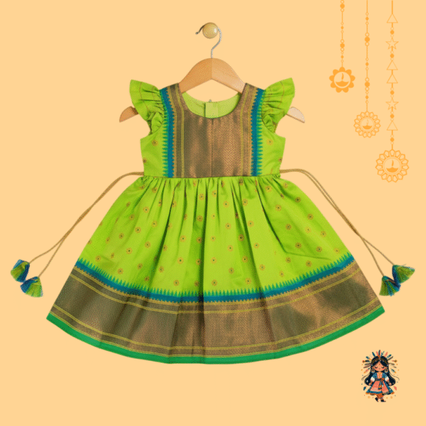 Girls Bright Green Semi Silk Traditional Frock with Golden Zari Border & Ruffle Sleeves | KanyaKala