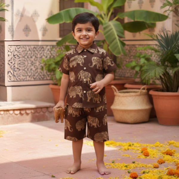 Kalamkari Cotton Co-Ord Set - Brown