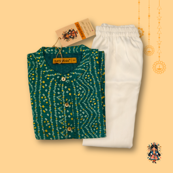 Boys Traditional Bandhani Firozi Printed Kurta Pajama Set with Lining