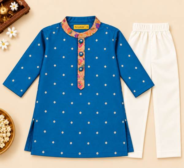 KanyaKala Taffeta Silk Boys Blue Kurta Pajama Set with Lining | Kids Ethnic Wear
