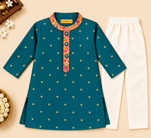 KanyaKala Taffeta Silk Boys Green Kurta Pajama Set with Lining | Kids Ethnic Wear