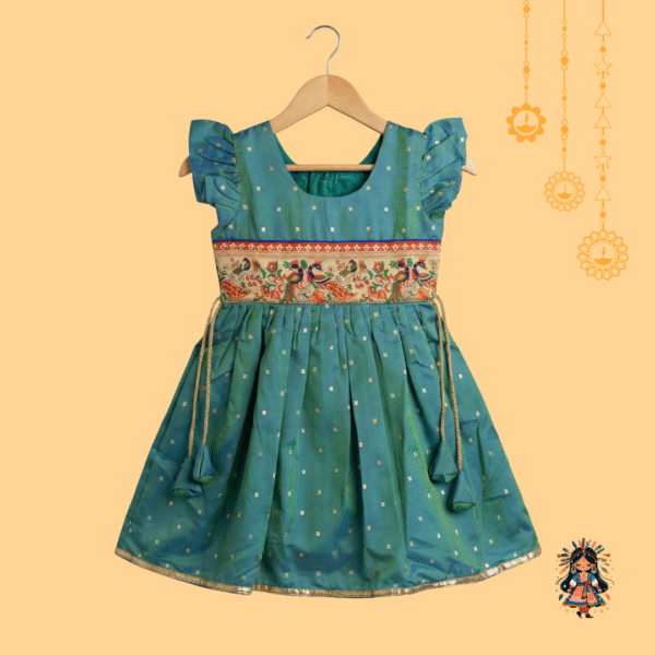 KanyaKala’s Premium Dual Tone Silk Frock with Paithani Peacock Lace | Teal Green | Traditional Indian Wear for Girls