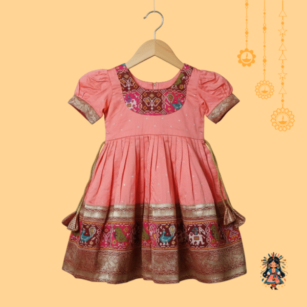 Girls Peach Ethnic Patola Silk Frock