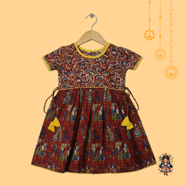 Girls Deep Red Kalamkari Cotton Frock with Traditional Print