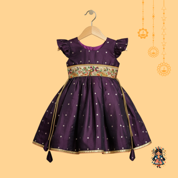 KanyaKala’s Premium Dual Tone Silk Frock with Paithani Peacock Lace | Royal Purple | Traditional Indian Wear for Girls