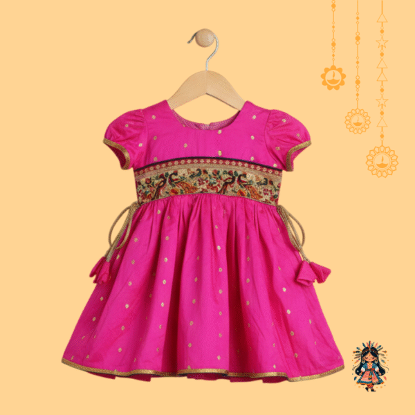 KanyaKala’s Silk Frock with Paithani Peacock Lace | Rani Pink | Traditional Indian Wear for Girls