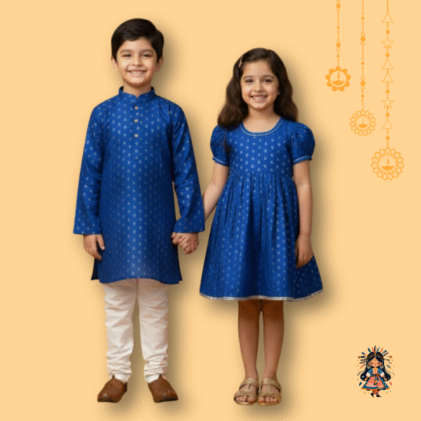 KanyaKala Royal Blue Festive Sibling Set - Boys Jacquard Kurta Pajama & Girls Short Sleeve Frock