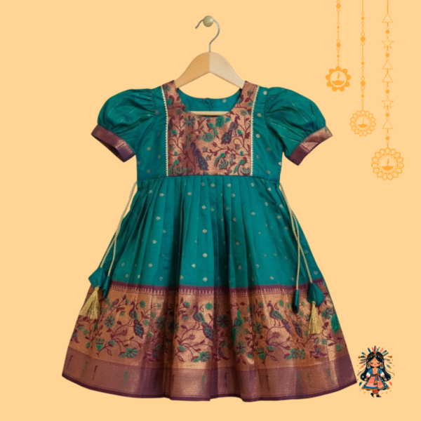 Girls Emerald Green Semi Silk Ethnic Frock with Peacock Brocade