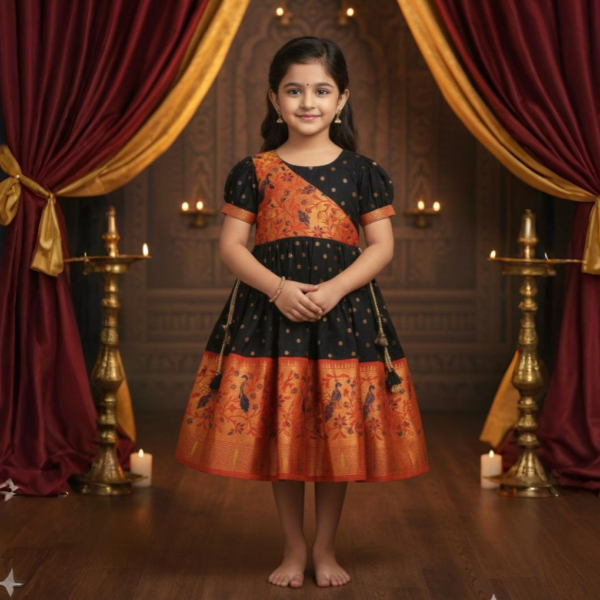 Girls Classic Black Semi Silk Makar Sankranti Special Ethnic Paithani Frock