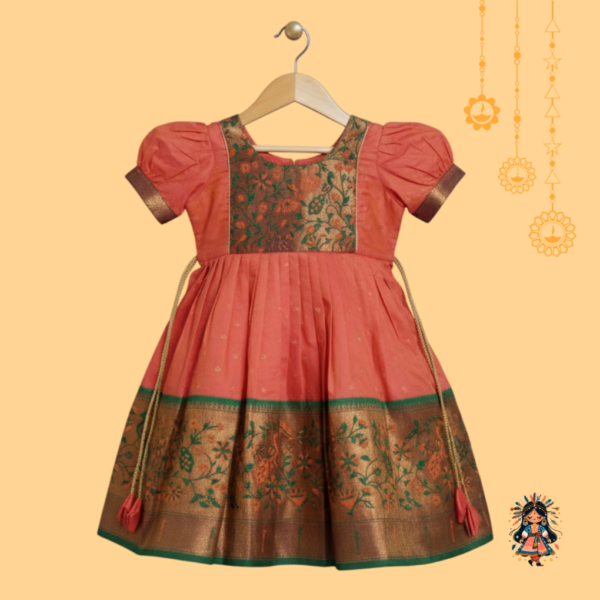 Girls Peach Semi Silk Ethnic Frock with Peacock Brocade