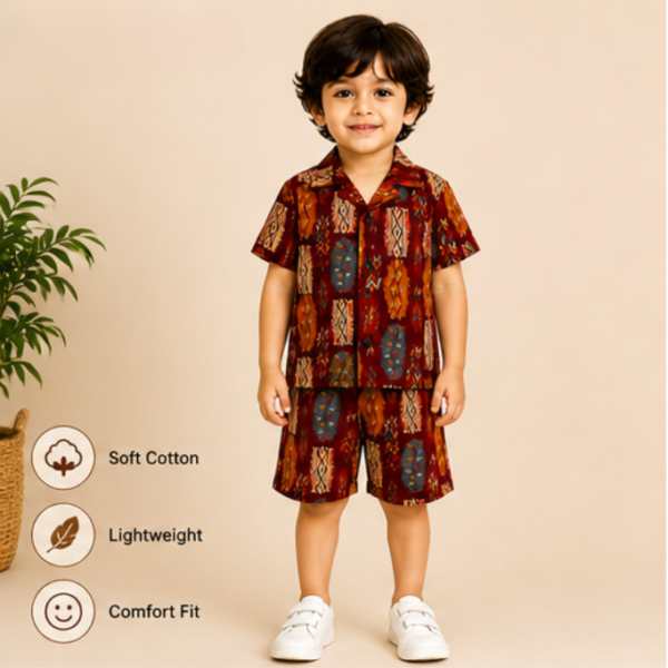 Kids Unisex Ajrakh Cotton Co-ord Set (Shirt & Shorts) - Maroon