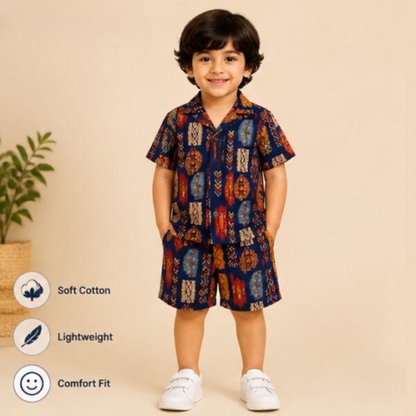 Kids Unisex Ajrakh Cotton Co-ord Set (Shirt & Shorts) - Navy Blue