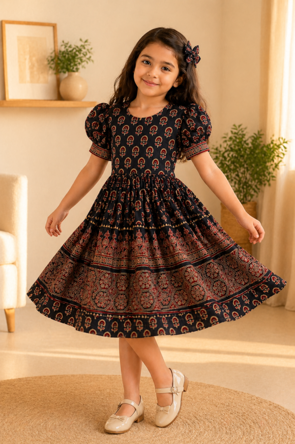 Girls Black Ajrakh Cotton Frock | Festive Ethnic Outfit | Kids Ethnic Wear