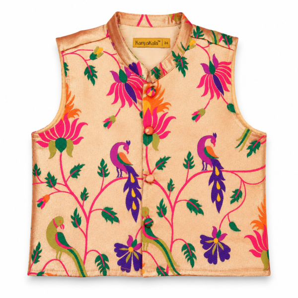 Kids Peach Peacock Brocade Ethnic Jacket