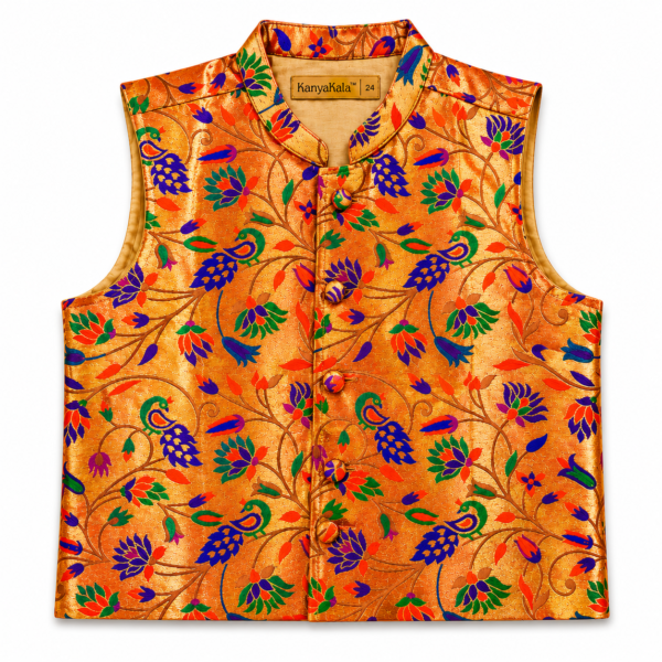 Kids Gold Peacock Brocade Ethnic Jacket