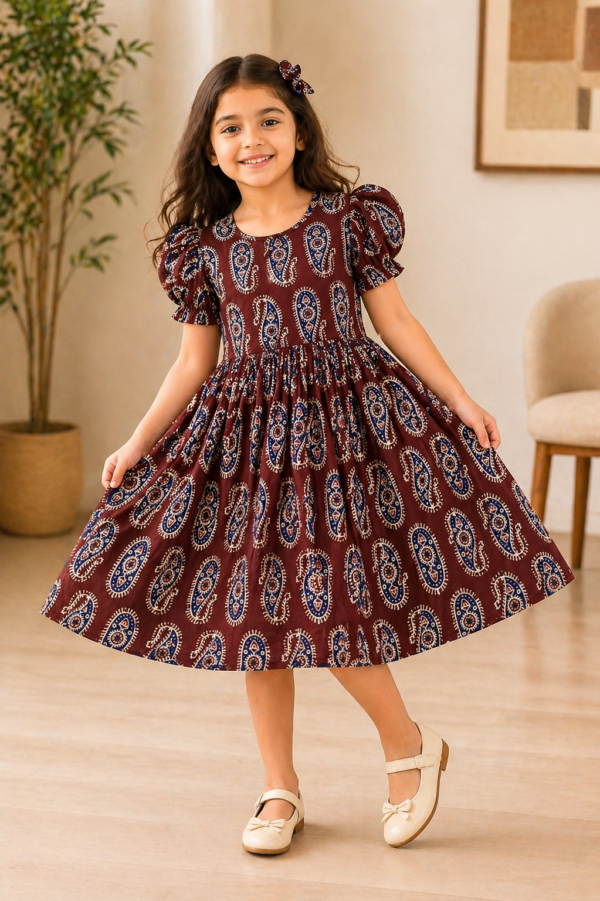 Girls Dark Maroon Ajrakh Cotton Frock | Festive Ethnic Outfit | Kids Ethnic Wear