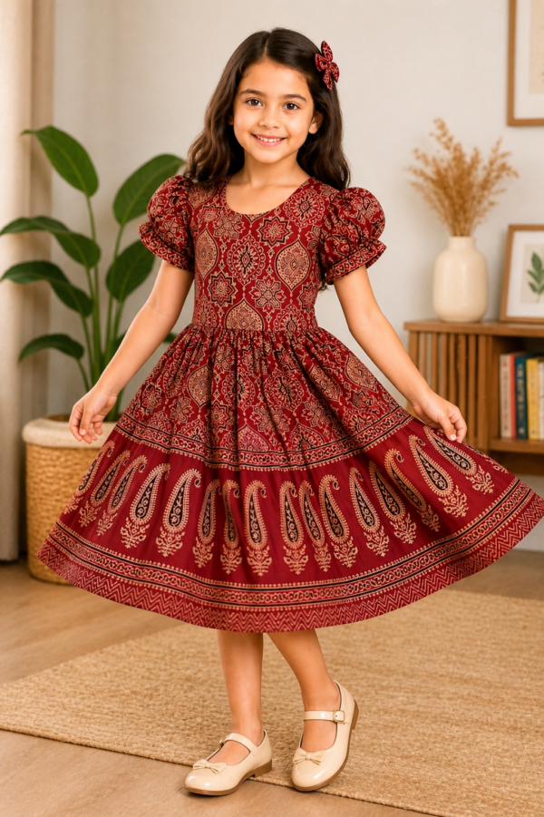 Girls Deep Red Ajrakh Cotton Frock | Festive Ethnic Outfit | Kids Ethnic Wear