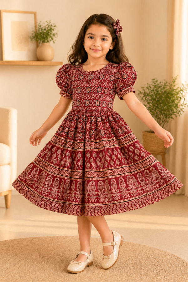 Girls Red Ajrakh Cotton Frock | Festive Ethnic Outfit | Kids Ethnic Wear