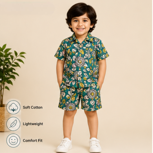 Kids Unisex Floral Cotton Co-ord Set (Shirt & Shorts) - Teal
