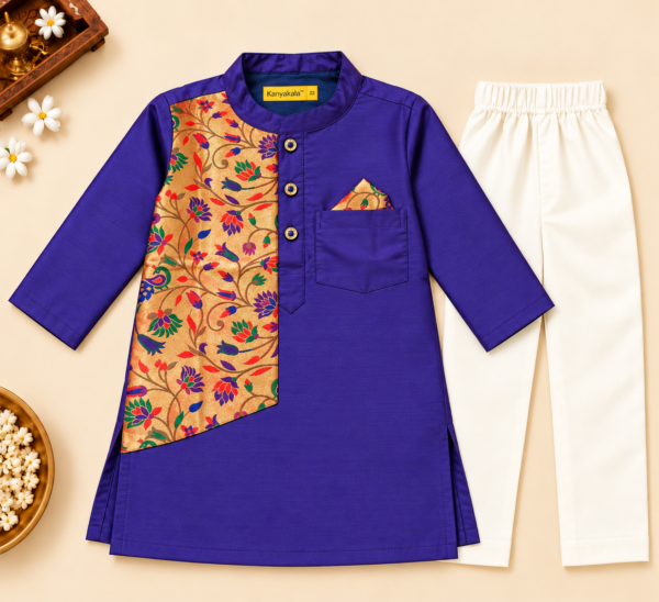 Boys Purple Kurta Pajama Set with Peacock Brocade Patch and Inner Lining