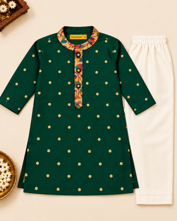 KanyaKala Taffeta Silk Boys Bottle Green Kurta Pajama Set with Lining | Kids Ethnic Wear