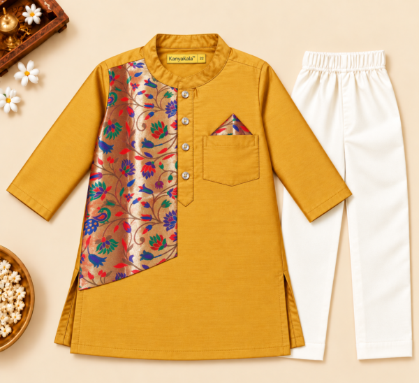 Boys Mustard Gold Kurta Pajama Set with Peacock Brocade Patch and Inner Lining
