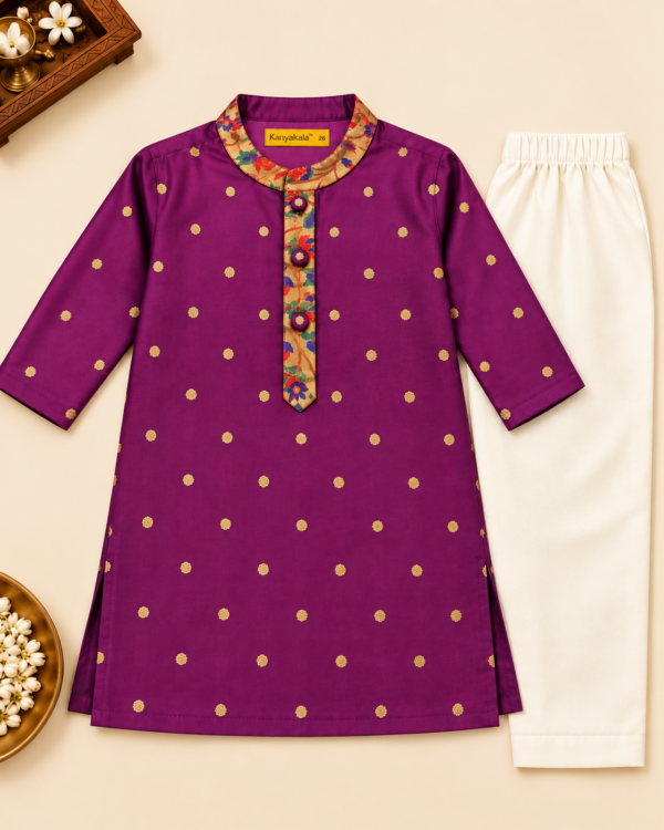 KanyaKala Taffeta Silk Boys Purple Kurta Pajama Set with Lining | Kids Ethnic Wear