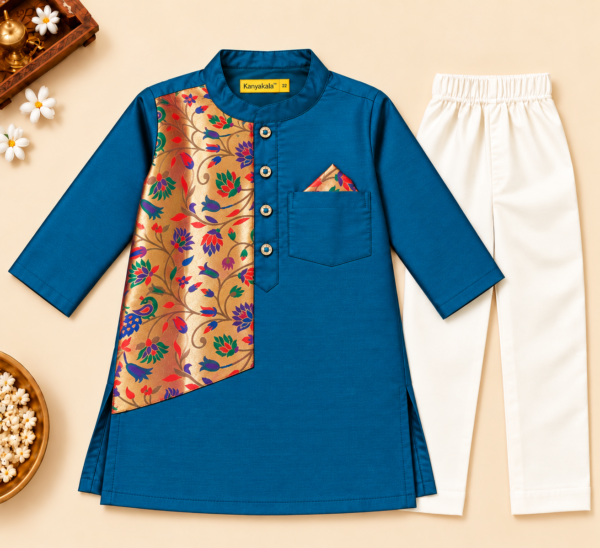 Boys Peacock Kurta Pajama Set with Peacock Brocade Patch and Inner Lining