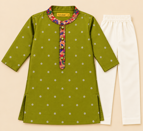 KanyaKala Taffeta Silk Boys Olive Green Kurta Pajama Set with Lining | Kids Ethnic Wear