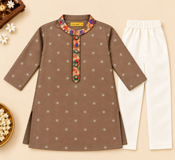 KanyaKala Taffeta Silk Boys Chiku Color Kurta Pajama Set with Lining | Kids Ethnic Wear