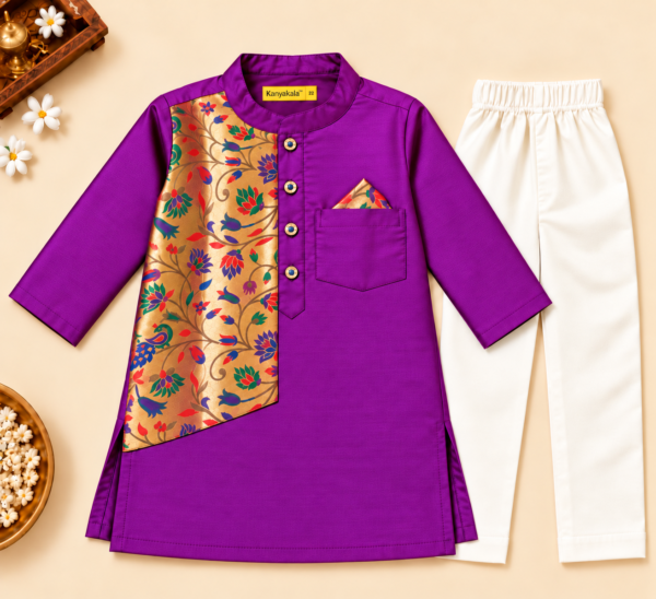 Boys Wine Purple Kurta Pajama Set with Peacock Brocade Patch and Inner Lining